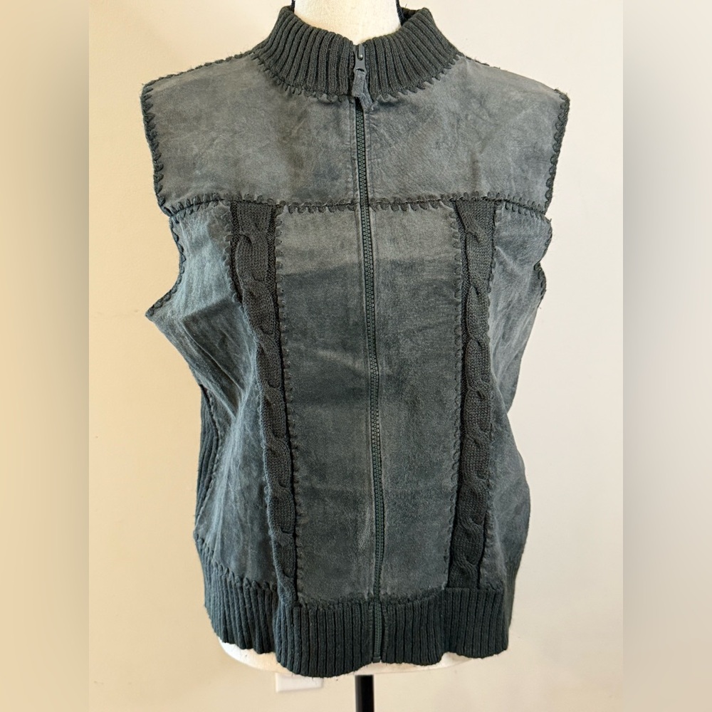 Designers Studio Original Suede Ribbed Knit Sweater Vest Dark Green zips SZ LG